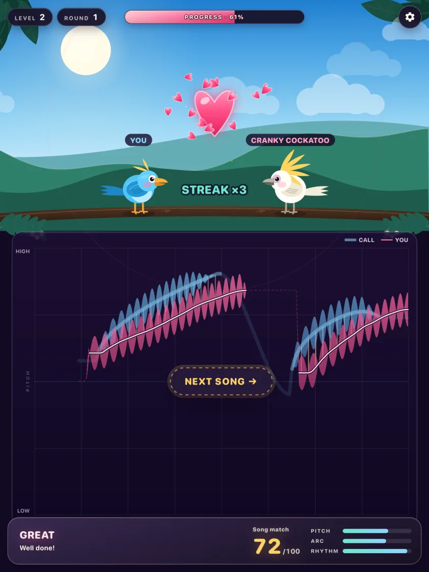 A three-song streak while wooing the Cranky Cockatoo