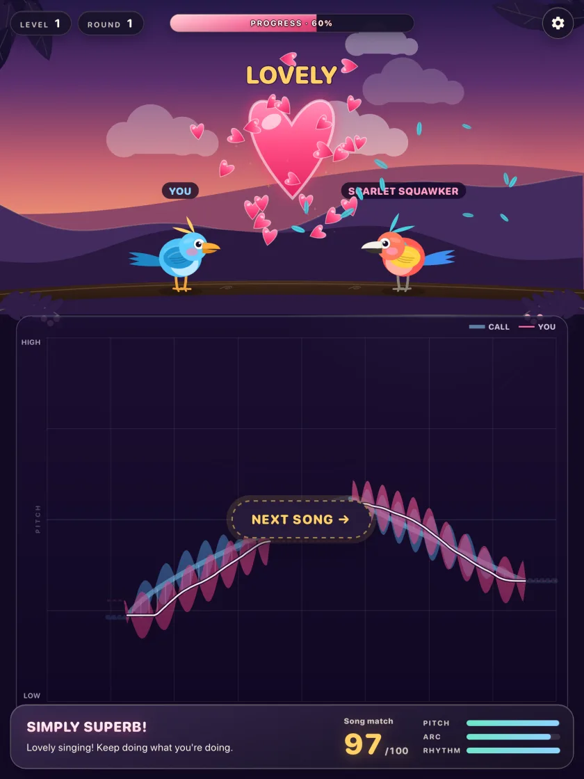 Hearts burst over the branch after a song match of 97 out of 100