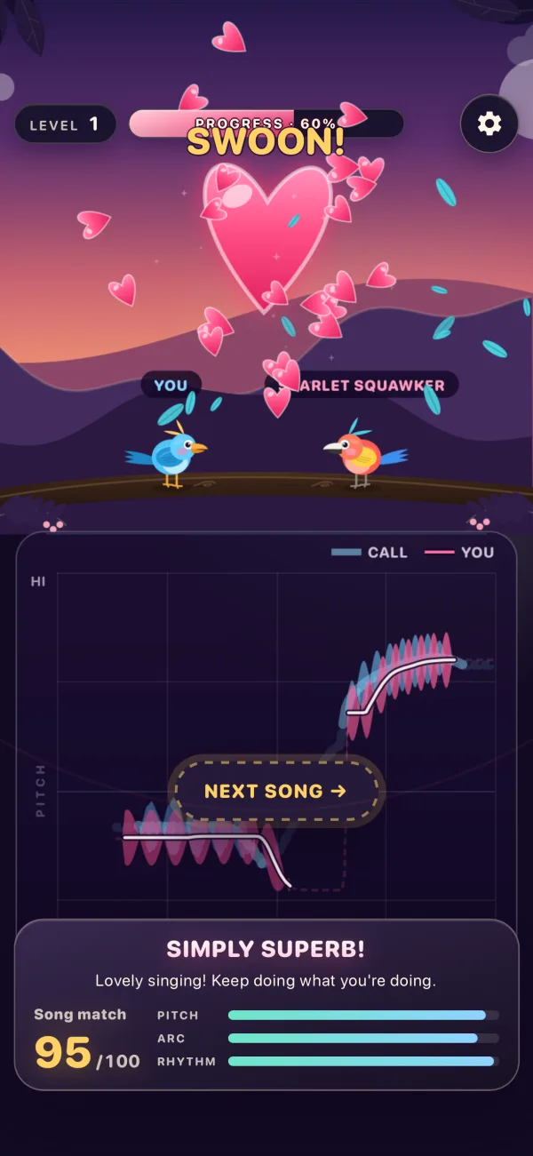 A giant heart and “Swoon!” after a song match of 95 out of 100